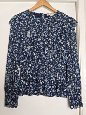 Michael Kors Blue Floral Smocked Peplum Blouse Size S